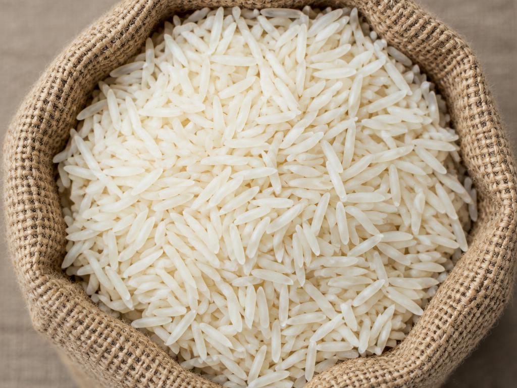 1401 Basmati rice — creamy long grains in a jute sack