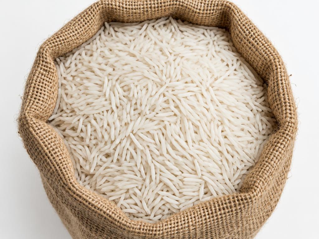 1509 Basmati rice — long white grains in a burlap sack