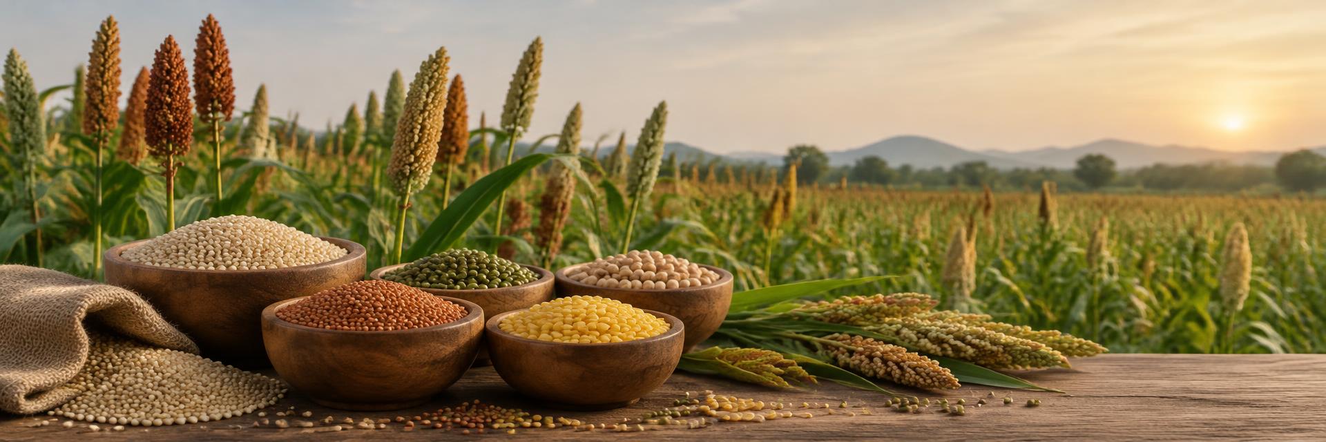Indian millets and pulses in bowls and sacks