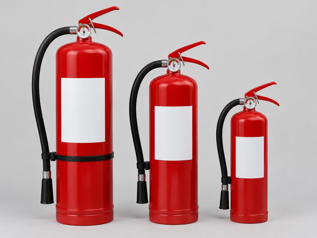 Portable red fire extinguishers in three sizes