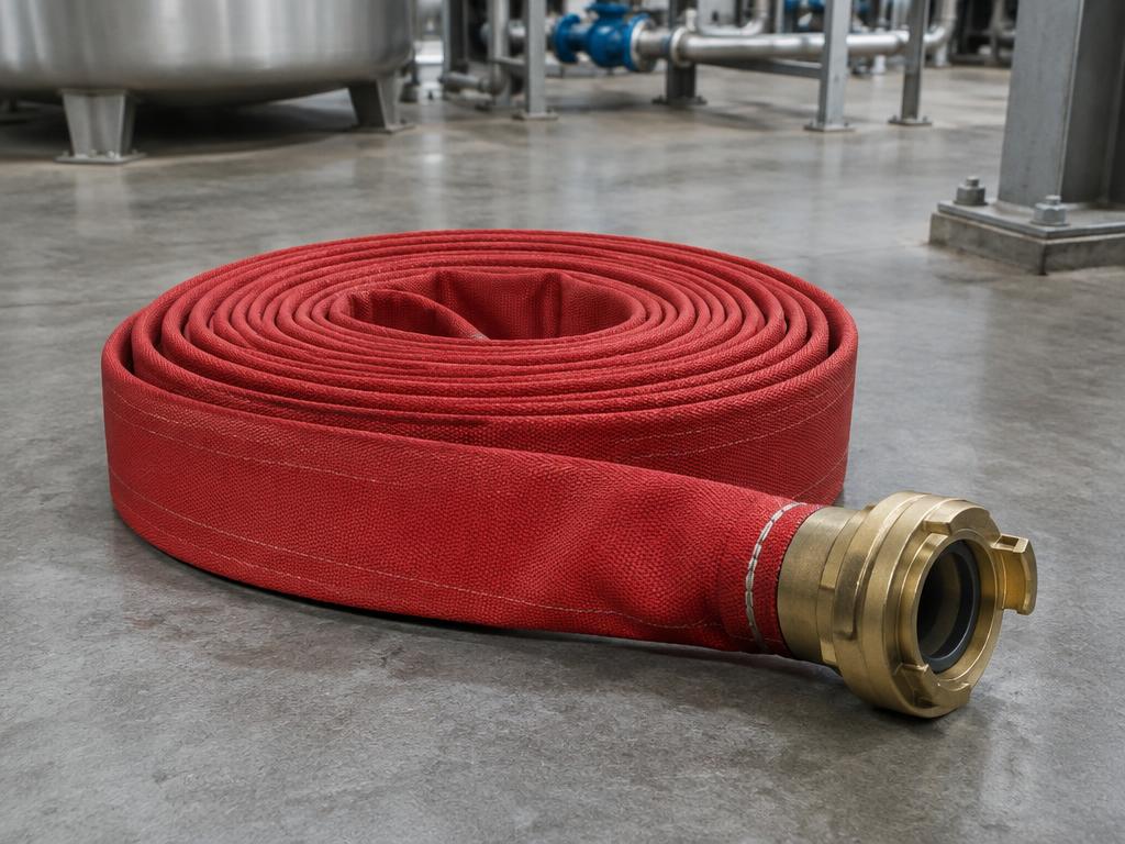 Coiled red industrial fire hose with brass coupling