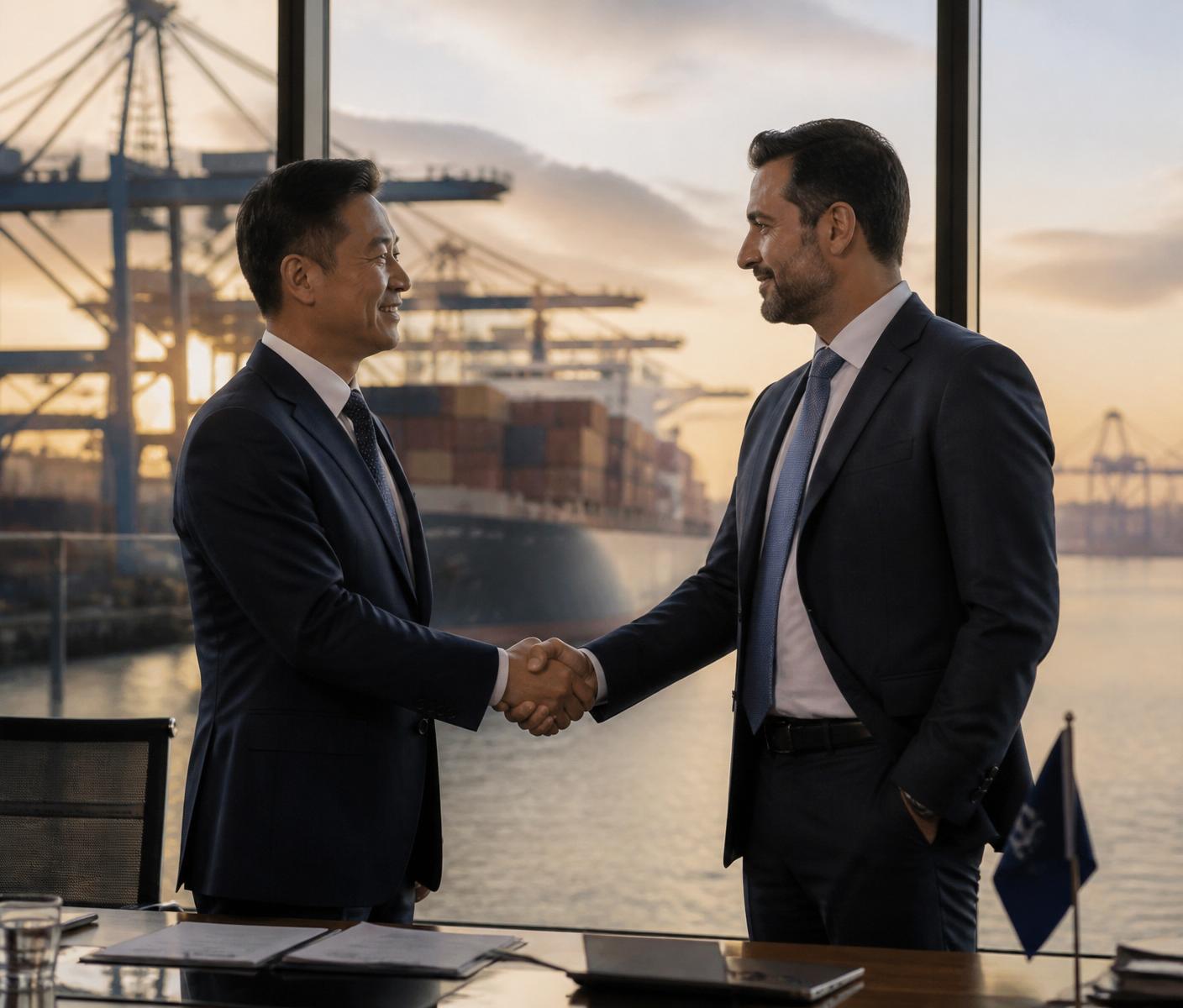 International business partners shaking hands with a container port and cargo vessel in the background