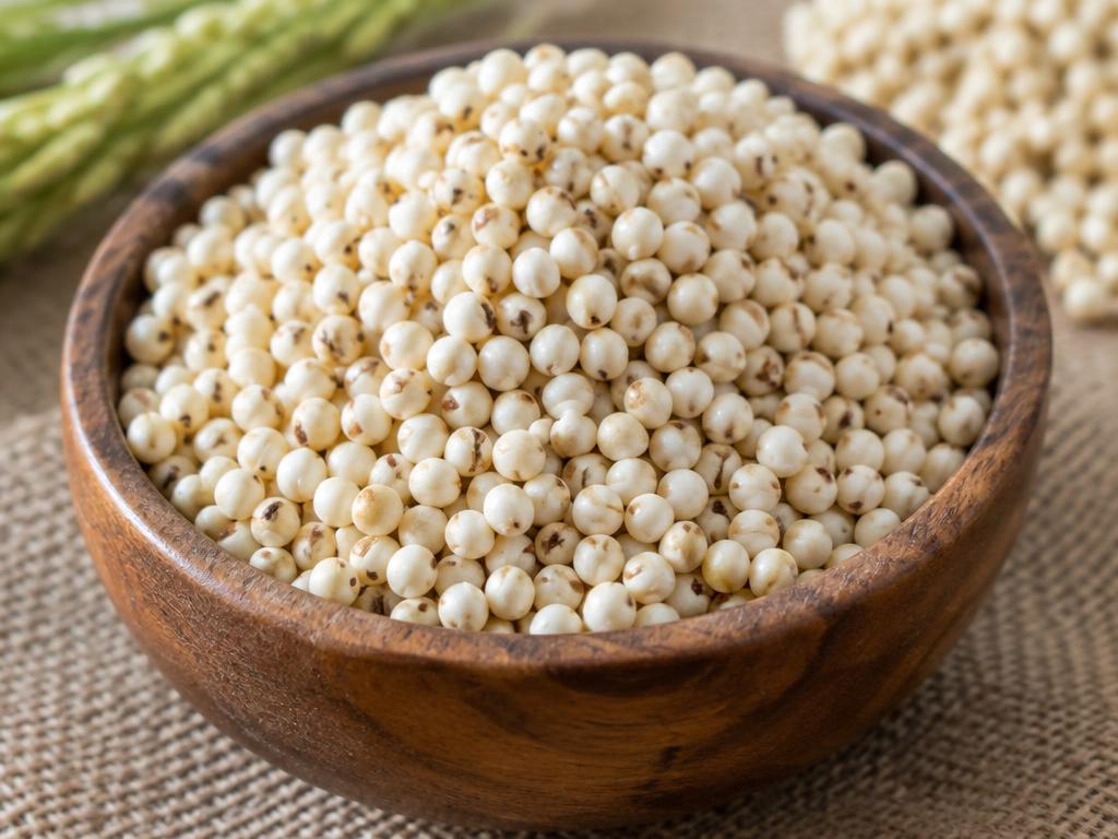 Whole sorghum (jowar) grains in a wooden bowl