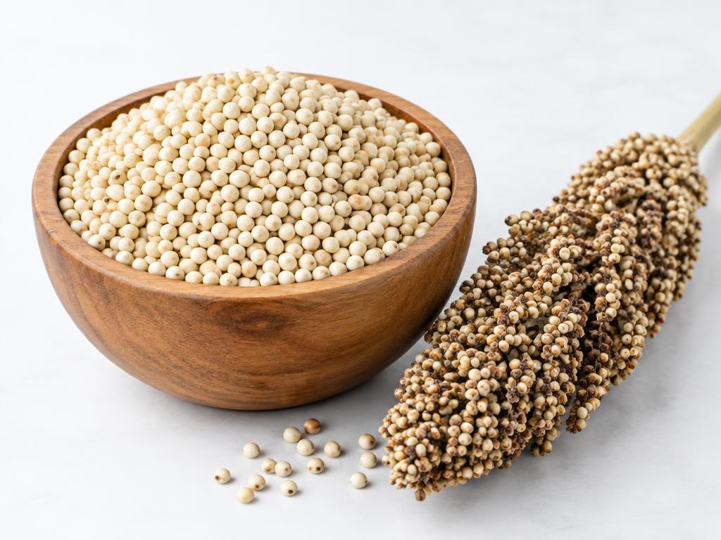 Whole sorghum (jowar) grains with a crop head