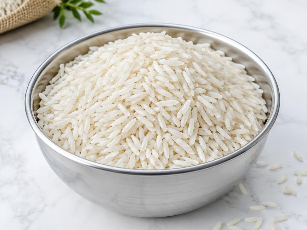 PR14 rice — longish white grains in a steel bowl