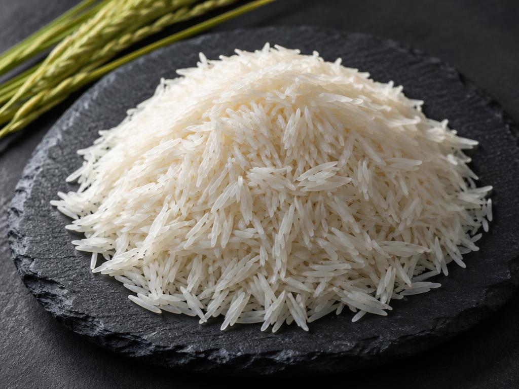 Pusa Basmati rice — long slender grains on a dark plate