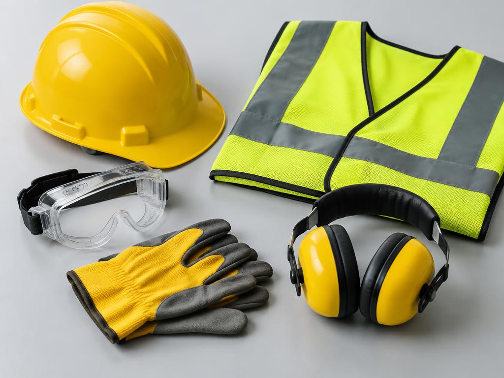 Industrial safety equipment: helmet, goggles, vest, gloves, ear defenders