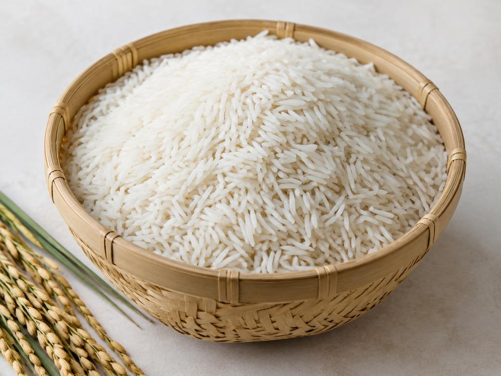 Sona Masoori rice — medium slender white grains in a woven basket