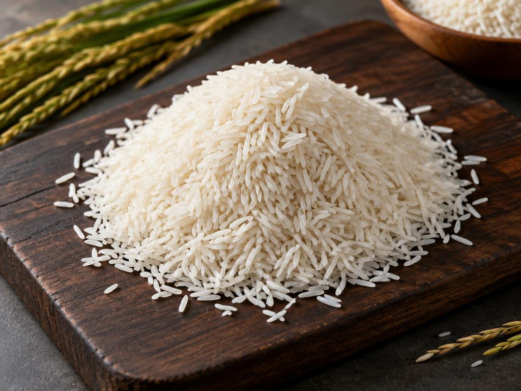 Sugandha rice — aromatic long white grains on a dark background